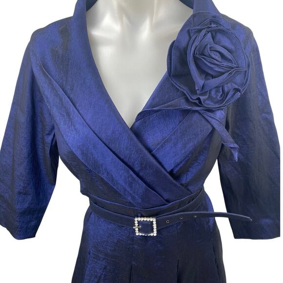 Jessica Howard Blue Taffeta Flower Pleated 3/4 Sleeve Belt Midi A-Line Dress 12P - Picture 3 of 6